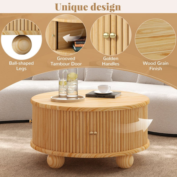 English Elm Round Fluted Pine Wood Coffee Table with Hidden Sliding Door Storage for Living Room Natural N735P369879N