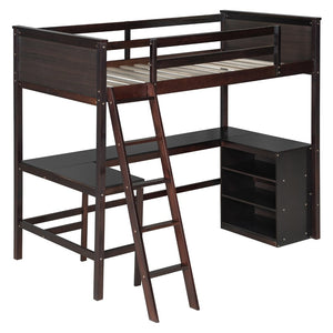 English Elm Twin Loft Bed with Built-in Desk and Open Shelves Solid Pine Kids Study Sleep Espresso LT001537AAP-1