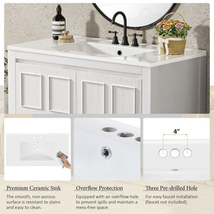 English Elm 36" Bathroom Vanity Organizer with Ceramic Sink, Solid Wood Distressed Finish, Hand-Painted Charm and Ample Storage Antique White N729P255666K