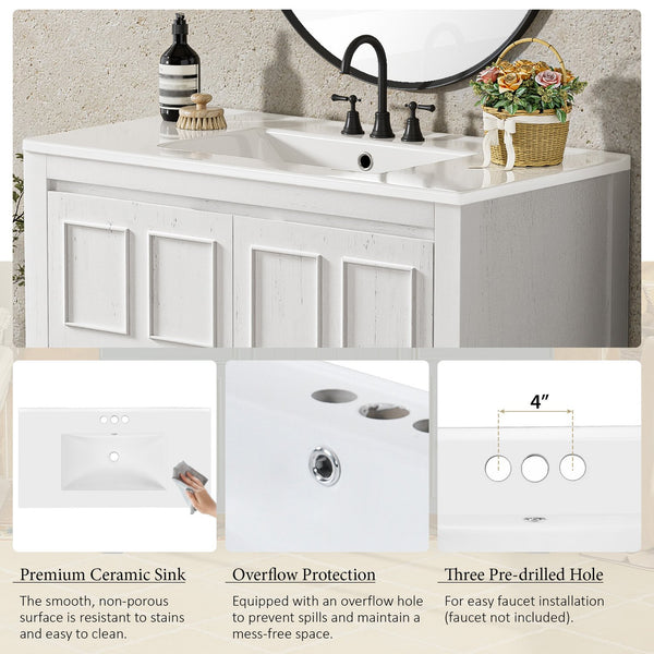 English Elm 36" Bathroom Vanity Organizer with Ceramic Sink, Solid Wood Distressed Finish, Hand-Painted Charm and Ample Storage Antique White N729P255666K