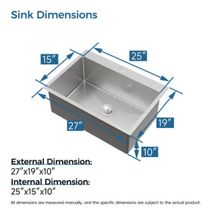 English Elm Stainless Steel Handmade Single Bowl Overmount Kitchen Sink Dark Gray Matte Finish T3177P370628