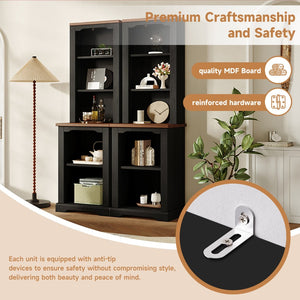 English Elm On-trend Two Piece Walnut Veneer Freestanding Bookcase Set with Curved Sculptural Black N721P394507B