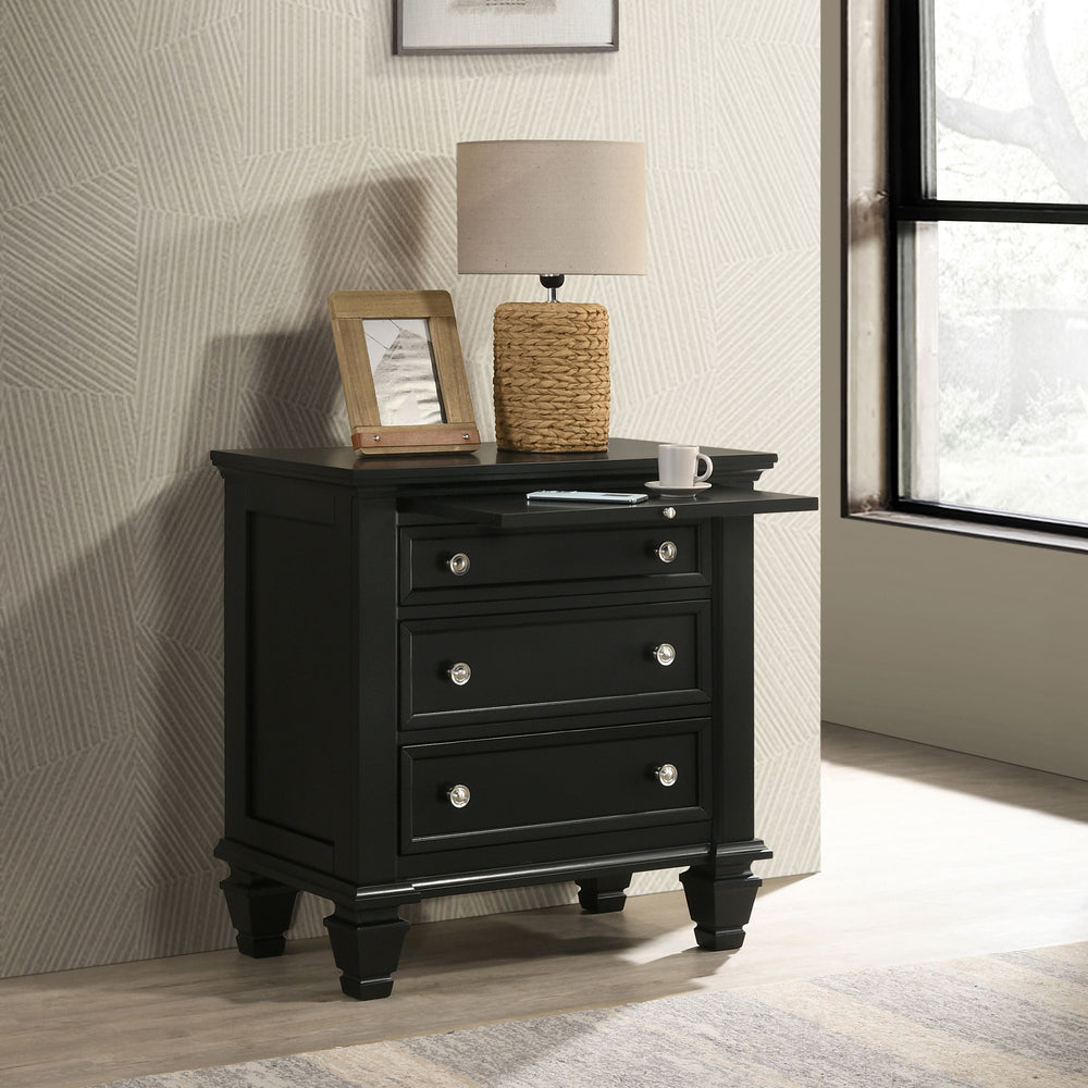 English Elm 3 Drawer Nightstand with Pull-Out Tray, Felt Lined Top, Solid Hardwood, Dovetail Drawers, Brushed Nickel Finish B016P254490