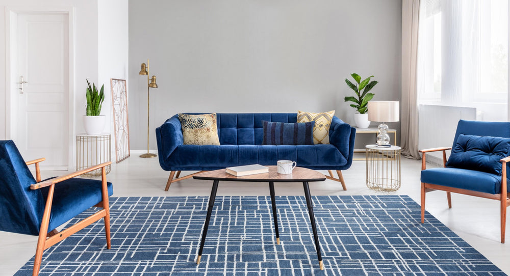 Alora Decor Classic Blue Hand-Tufted Geometric Area Rug In Blue And Ivory With Plush Wool-Viscose Texture, Modern Appeal 7'9" x 9'9" 02102110200097999
