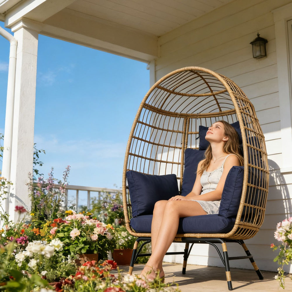 English Elm Wicker Egg Chair Oversized Pe Rattan with Cushion for Patio Balcony Porch W874P266328