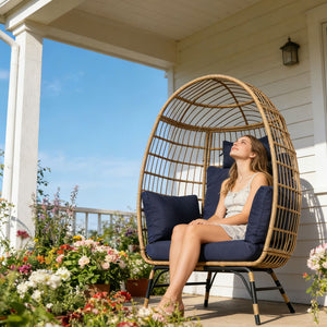 English Elm Wicker Egg Chair Oversized Pe Rattan with Cushion for Patio Balcony Porch W874P266328