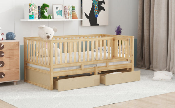 English Elm Twin Pinewood Daybed with Fence Guardrails Splits Into Two Floor Beds Storage Natural LP100881AAN