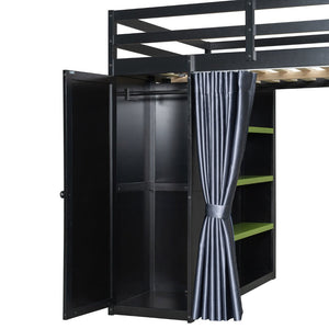 English Elm Full Size Wood Loft Bed with Wardrobe Desk Shelves Rgb Lighting and Blackout Curtains Black+Green LT000269AAF-1