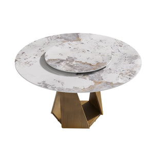 English Elm 59.05" Round Marble Dining Table With Lazy Susan, Bronze Iron Base For Stylish Family Gatherings W1535S00472