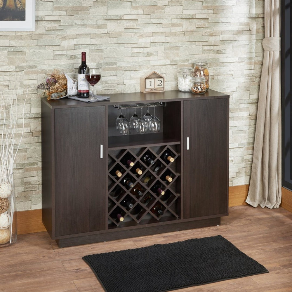 English Elm Espresso Finish Wine Cabinet with Stemware Rack Bottle Storage for Home Bar B062P215513