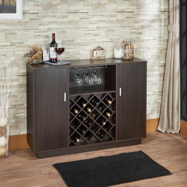 English Elm Espresso Finish Wine Cabinet with Stemware Rack Bottle Storage for Home Bar B062P215513