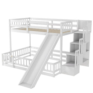 English Elm Twin Over Full Bunk Bed Solid Pine Frame with Built-in Slide and Storage Staircase White W504S00290