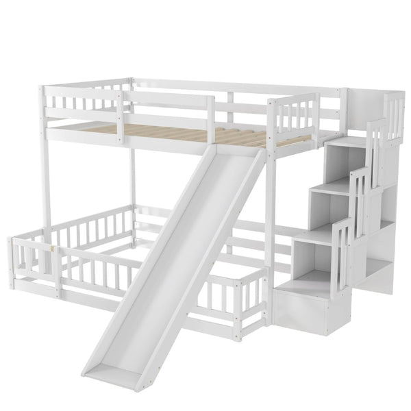 English Elm Twin Over Full Bunk Bed Solid Pine Frame with Built-in Slide and Storage Staircase White W504S00290