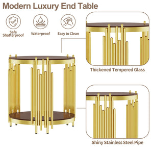 English Elm 19.69inch Gold Round Coffee Table with Crown Frame, 8mm Tempered Glass, Stainless Steel Base, Chic Storage Dark Brown W1550P171522