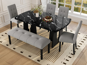 English Elm 6 Piece Dining Set with Rectangular Solid Wood Table, Upholstered Chairs & Bench, Rustic Charm, Easy Assembly, Seats 6 Black+ Gray N752S000011B