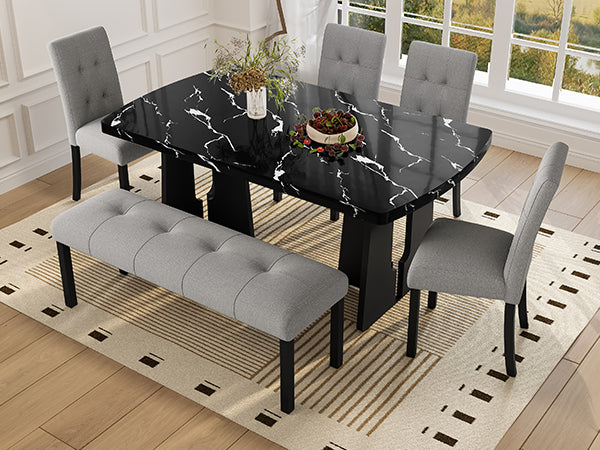 English Elm 6 Piece Dining Set with Rectangular Solid Wood Table, Upholstered Chairs & Bench, Rustic Charm, Easy Assembly, Seats 6 Black+ Gray N752S000011B