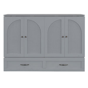 English Elm Full Size Murphy Bed Rattan Cabinet with Storage Drawers and Gold Hardware Gray N708S00009E