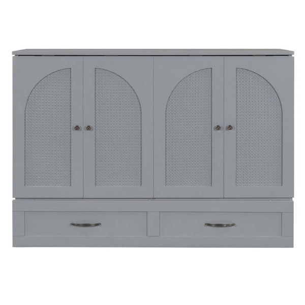 English Elm Full Size Murphy Bed Rattan Cabinet with Storage Drawers and Gold Hardware Gray N708S00009E