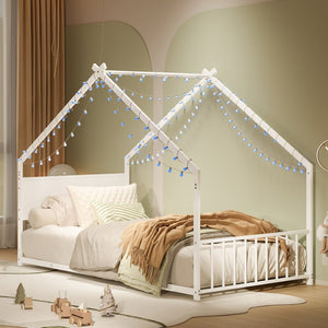 English Elm Twin House Shaped Metal Bed Frame with Led Lights and Wood Slats for Kids W1820P356049
