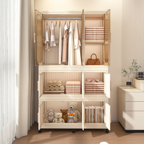 English Elm Portable Wardrobe Closet Organizer Cream White - Durable PP Modular Cube Storage with 9 Magnetic Doors, Hanging Rod and 6 Hangers, Quick Assemble-Friendly (36.8x18.1x15.8) W2699P253195