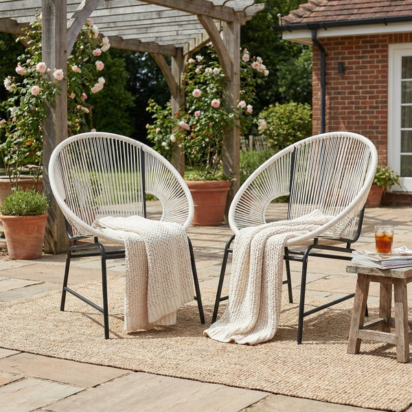 English Elm Nusa Outdoor Pe Rattan Patio Chairs with Iron Frame Airy Oval Weave Set of 2 White N775P422987W