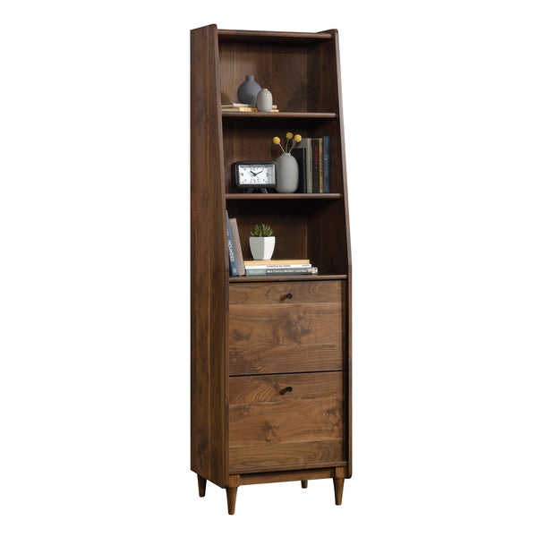 English Elm Narrow Mid-Century Bookcase in Brown – Tall Engineered Wood Shelf with Two Full-Extension File Drawers, Space-Saving 70.4" Height for Home Office and Living Room B356P402740