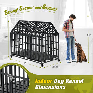 English Elm 52 Inch Heavy Duty Iron Dog Crate with Flat Rooftop Surface and Rolling Casters W2181P356225