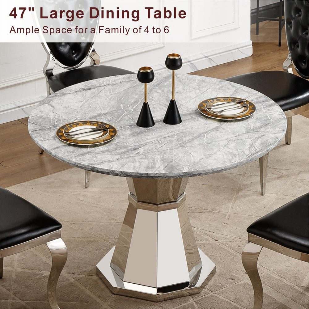 English Elm 47" Round Marble Dining Table - Modern High-Gloss Faux Marble Top & Stainless Steel Base For Elegance W3456S00031
