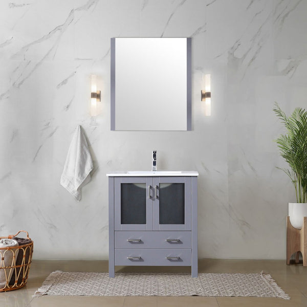 English Elm Dark Grey Bath Vanity Set With White Ceramic Top, Soft-Close Features, And Matching 28-Inch Mirror B2731S00723