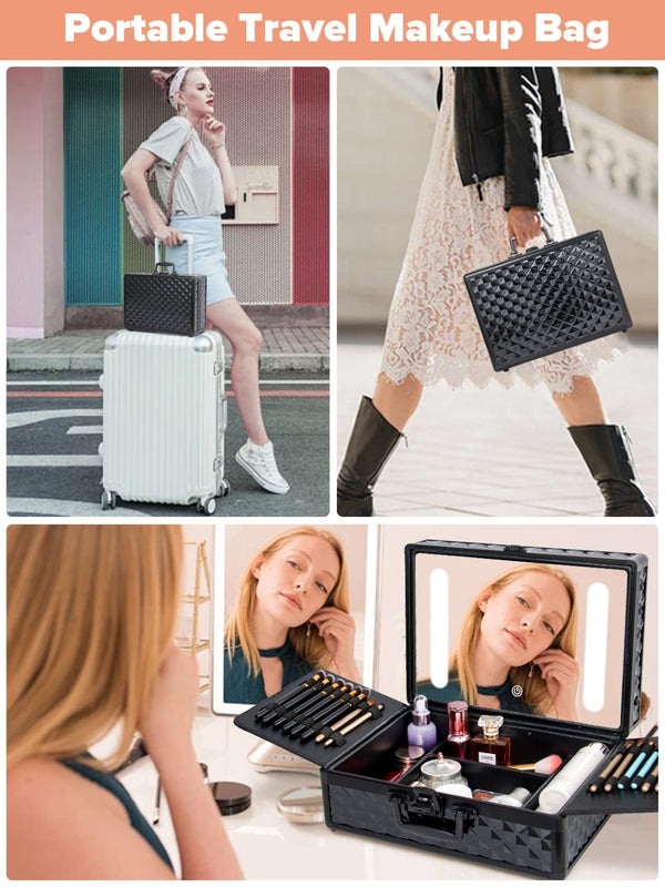 English Elm Portable Led Vanity Makeup Case Aluminum Travel Organizer with Mirror Lock Dividers W1550P163305