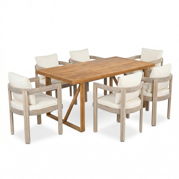 English Elm 7 Piece Solid Acacia Hardwood Outdoor Dining Set with Cream Cushioned Chairs Patio Light White,Teak N762P371718D_N762P380633K6