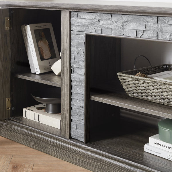 English Elm 70" Modern TV Stand with Faux Stone Top, Spacious 2-Door Media Console with Cable Management and Adjustable Shelves, Vintage Metal Handles, Durable MDF Construction for Living Room Entertainment (Fits up to 75") Grey W2275P342688
