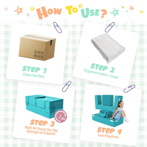 English Elm 5-piece Modular Foam Play Couch Velvet Toddler Sofa Foldable Kids Playroom Set Cyan T5880P493436