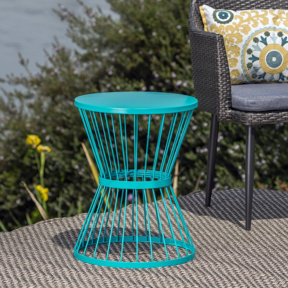 English Elm 16" Stainless Steel Outdoor Side Table Sculptural Hourglass Base Patio Accent N767P360895T