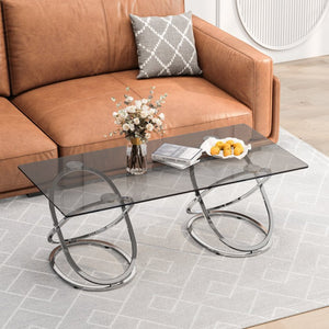 English Elm 31.50'' Sculptural Chrome Ring Base Coffee Table Gray Tempered Glass Luxury Living Room W757P412775