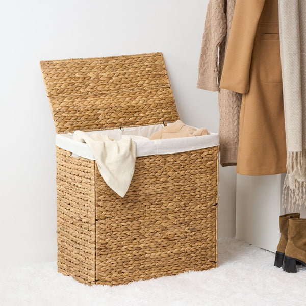 English Elm Judas Handcrafted Water Hyacinth 2-Section Laundry Hamper - Stylish, Durable, And Lightweight Design B093P401354