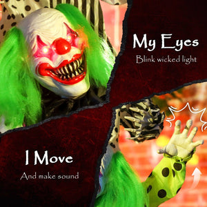 English Elm Halloween Animatronic Triple Clown Stack with Glowing Eyes Sound Activated Jumpscare T3971P381110