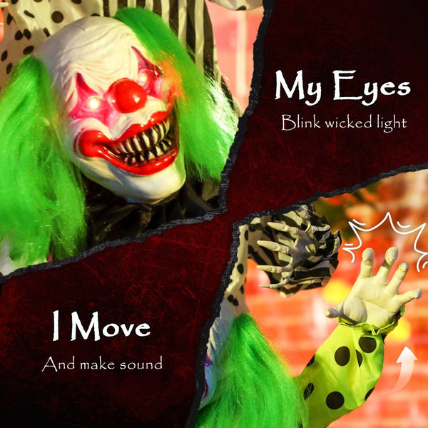 English Elm Halloween Animatronic Triple Clown Stack with Glowing Eyes Sound Activated Jumpscare T3971P381110
