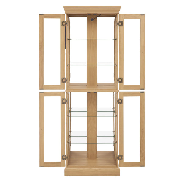 English Elm Lighted Glass Curio Display Cabinet with Quiet Hinge, Internal LED Lighting, Adjustable Shelves, Vintage Carved Handle Light Oak W2275P199811