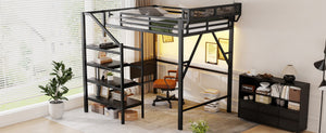 English Elm Full Size Metal Loft Bed with Foldable Desk Staircase Storage and Led Lighting W2580S00072