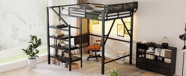 English Elm Full Size Metal Loft Bed with Foldable Desk Staircase Storage and Led Lighting W2580S00072