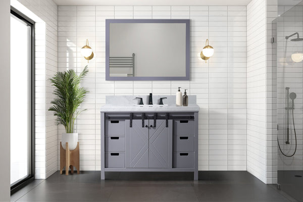 English Elm Dark Grey 48 in Bath Vanity with Carrara Marble Top, Matte Black Faucet, Soft-Close Drawers & Shelf B2731P260119