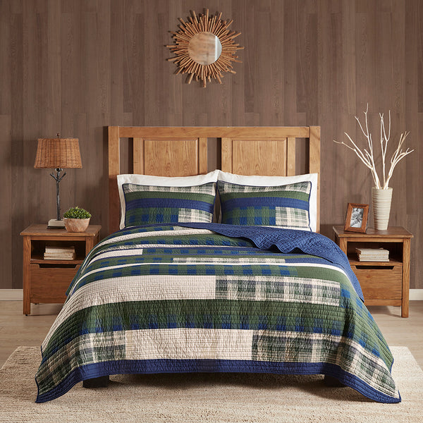 JLA Home Woolrich - Oversized Cotton Quilt Mini Set with Green & Blue Plaid, Breathable 100% Cotton, Year-Round Cozy Layering 96 L x 92 W x 0.25H WR13-3042