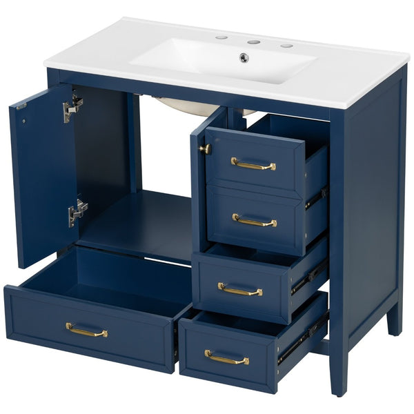 English Elm 36" Solid Pine Bathroom Vanity with Ceramic Sink 4 Soft Close Drawers Vintage Style Blue N759S293646C