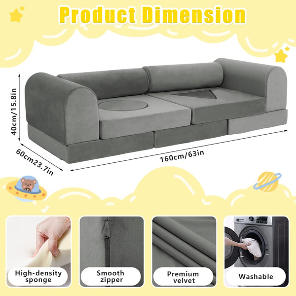 English Elm 11pcs Modular Foam Play Couch Set for Kids Velour Washable Toddler Playroom Builder Dark Gray T5880P493427