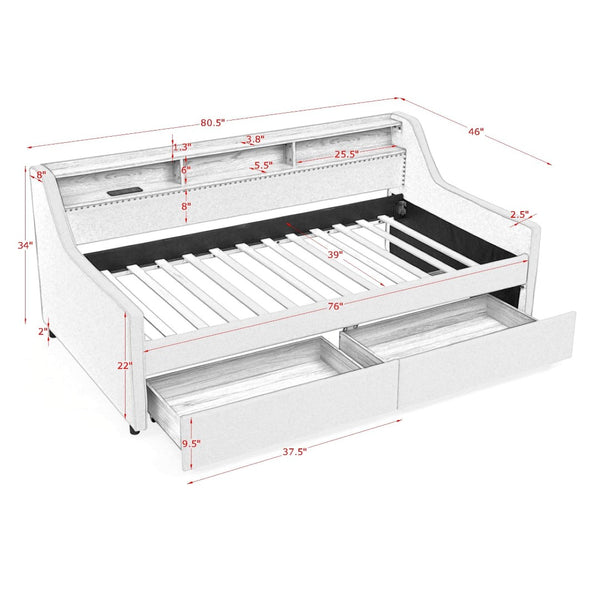 English Elm Twin Size Upholstered Sofa Bed With Led Lighting, Wireless Charging & Storage Drawers In Beige W1413S00056-GIGA