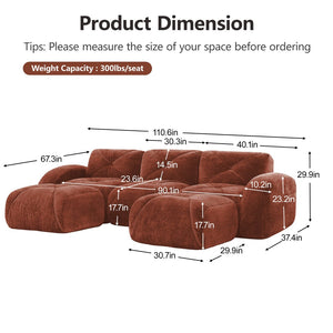 English Elm U-shaped Modular Velvet Sofa Tufted Cloud Seating for Living Room or Home Theater Red+Brown W714S01604