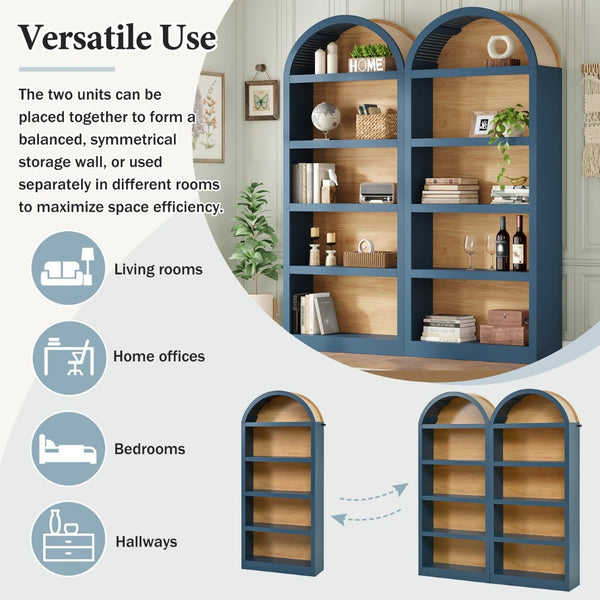 English Elm On-trend Farmhouse Two-tone Bookcase Set Arched Fabric Crown Open 5-tier Shelving Blue N721P411205C