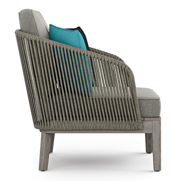 English Elm Carmel Handcrafted Outdoor Conversation Chair in Sand Drift Fabric with Acacia Wood Base & Rope Accents B136P159361