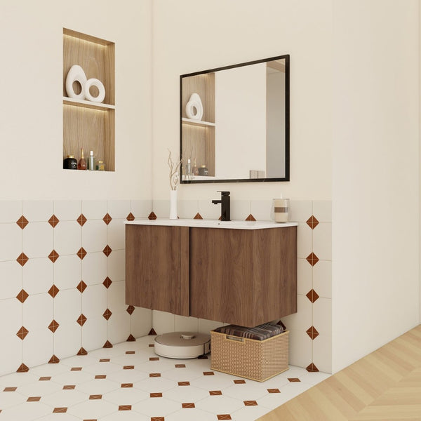 English Elm 36" Floating Bathroom Vanity Light Oak Modular Cabinet with Gel Coat Integrated Sink Brown Ebony,Glossy White W3450S00066
